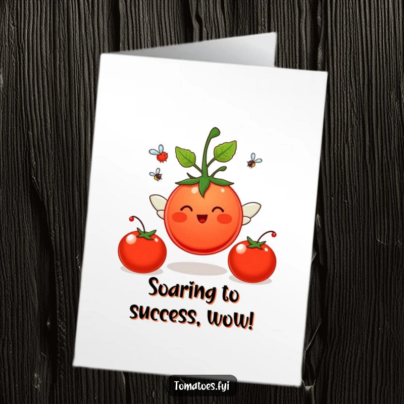 Funny Free Printable Congratulations Card featuring a cheerful tomato character with small wings flying high.