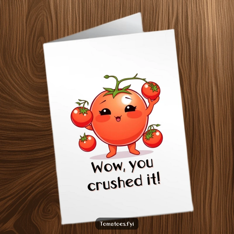 Funny Free Printable Congratulations Card featuring a plump tomato character skillfully juggling cherry tomatoes, celebrating achievements with playful energy.