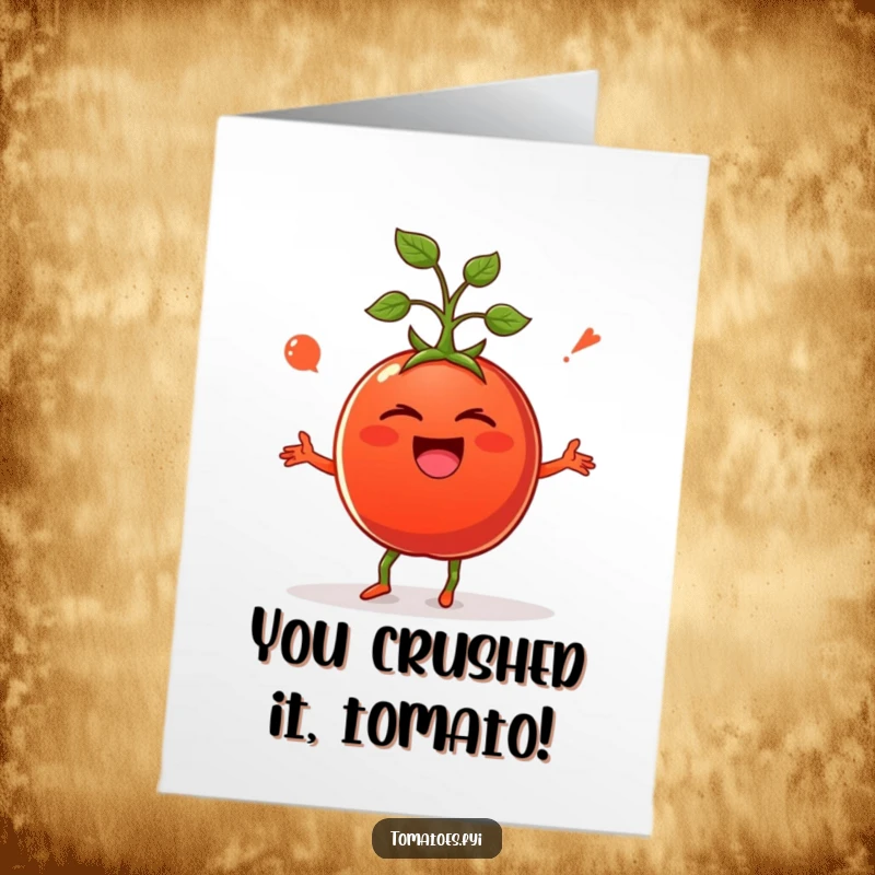 Funny Free Printable Congratulations Card: Giggling tomato mid-dance, arms flailing, celebrating a big win with pure joy.