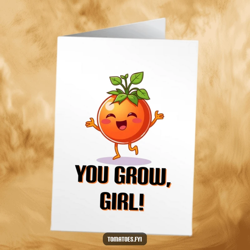 Funny Free Printable Congrats Card: A happy tomato dances a jig with leafy sprouts, celebrating your awesome achievement.