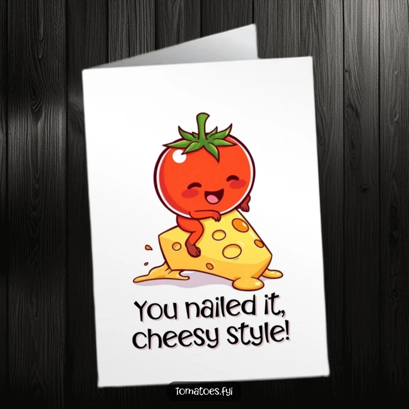 Funny Free Printable Congratulations Card: A kawaii tomato comically attempting to ride a vast melting cheese slice, celebrating success.