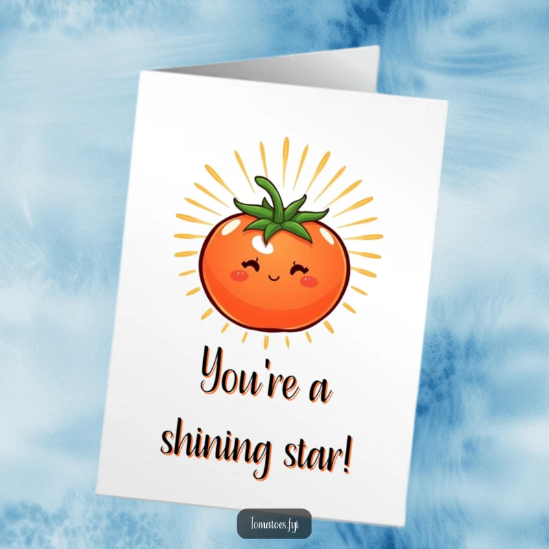 Funny Free Printable Congratulations Card: A tomato is surrounded by a powerful, bright starburst of energy, symbolizing peak performance.