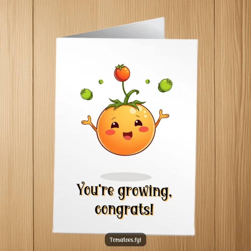 Funny free printable congratulations card: a happy tomato character juggling tiny sprouts to signify a successful endeavor.