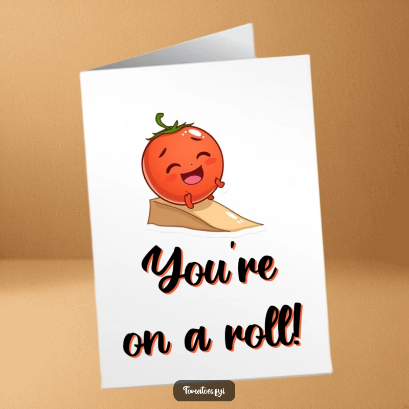 Funny Free Printable Congratulations Card: Giggling tomato character joyfully rolling down a small incline, a unique DIY gift.