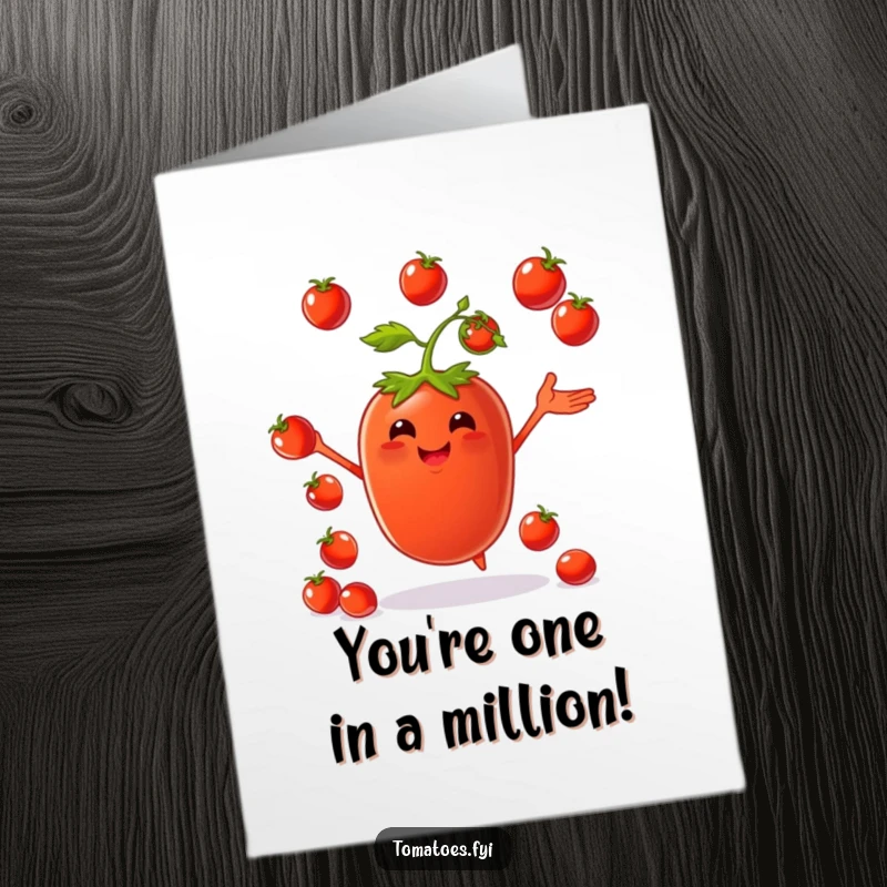 Funny Free Printable Congrats Card: A happy tomato character expertly juggling cherry tomatoes, applauding your successful feats with zest.