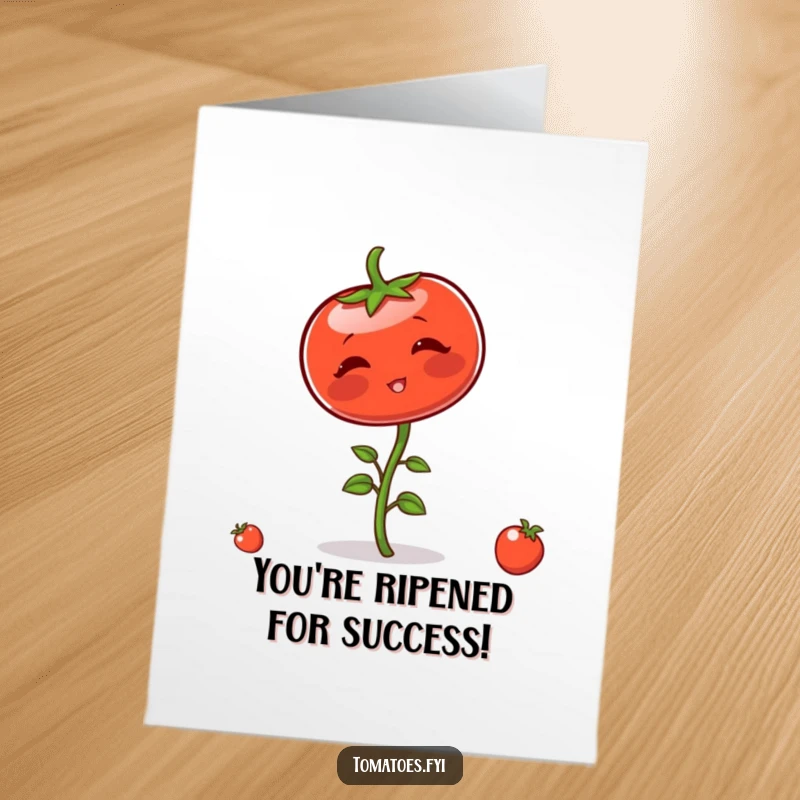 Funny Free Printable Congratulations Card: Blushing tomato character hilariously trying to balance on its stem, a unique DIY gift.