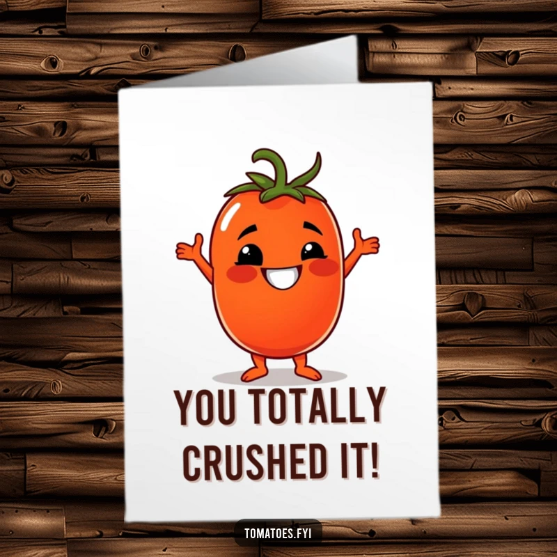 Funny Free Printable tomato congratulations card, a grinning tomato character doing a silly disco dance move.