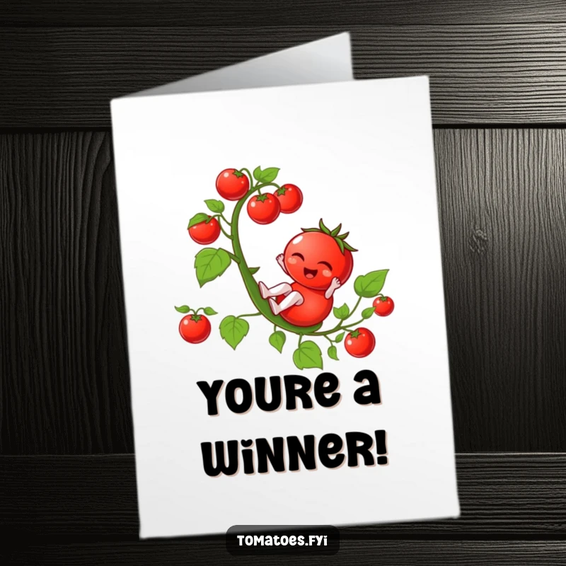 Funny Free Printable Congrats Card: A winking tomato gleefully slides down a vine, celebrating your success with humor.
