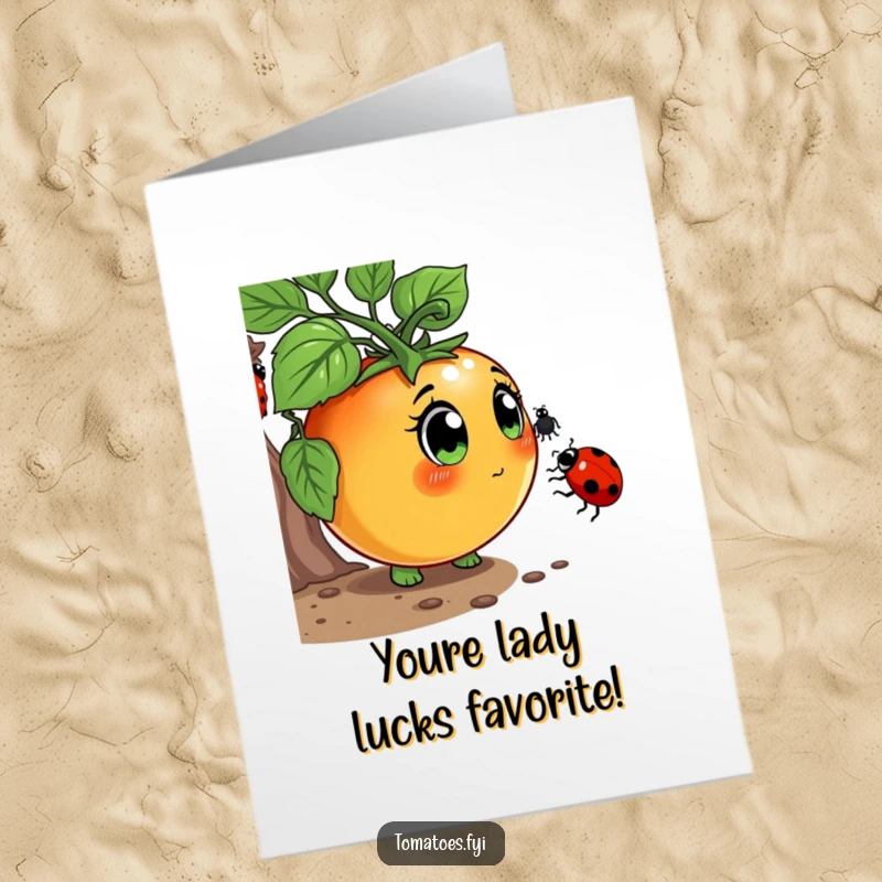 Funny Free Printable Congratulations Card: Curious tomato character sniffing a ladybug with wide eyes, celebrating achievements.