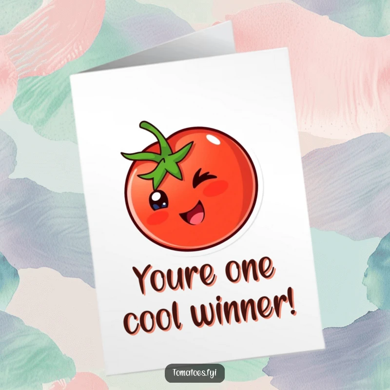 Funny Free Printable Congratulations Card: A happy tomato character giving a sly wink.