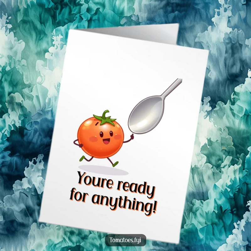 Funny Free Printable Congratulations Card: Tomato character with tiny legs sprinting towards a giant spoon, symbolizing eager pursuit of success.