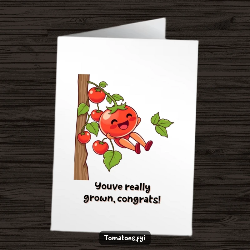 Funny Free Printable Congratulations Card with a tomato sliding down a vine, a delightful downloadable gift.