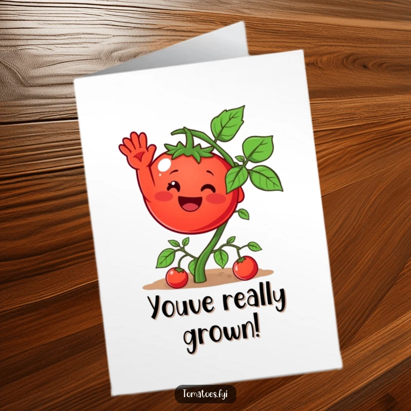 Funny Free Printable Congratulations Card: A cheerful tomato character waving joyfully from a vine, ideal for a DIY card.