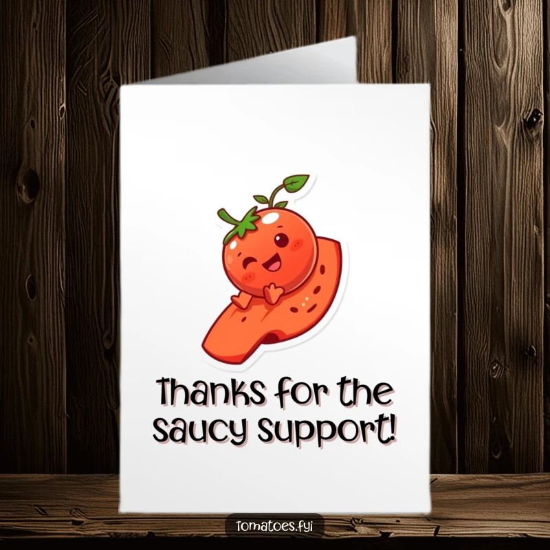 Funny Free Printable Thank You Card: A giggling tomato character slides down a tomato slice, expressing gratitude hilariously.