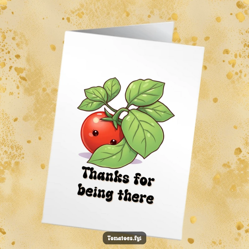 Funny Free Printable Thank You Card: Shy tomato peeking from a basil leaf, a sweet and bashful way to say thanks.