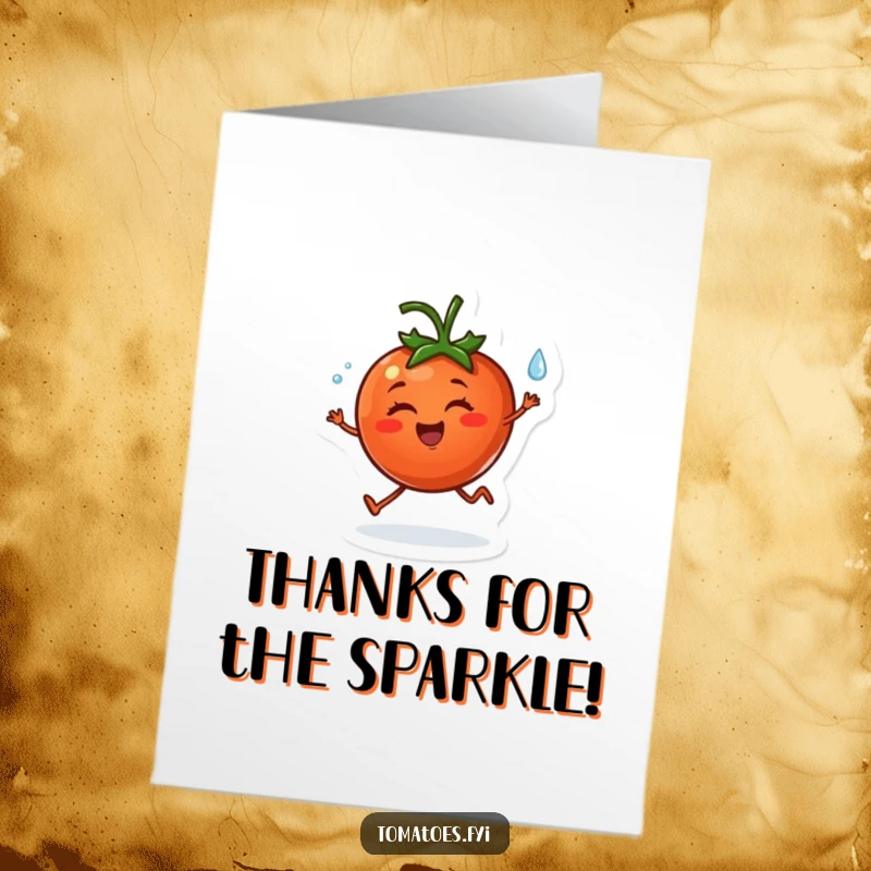 Funny Free Printable Thank You Card: Cheerful tomato character happily skipping with a dewdrop, a delightful DIY gift idea.