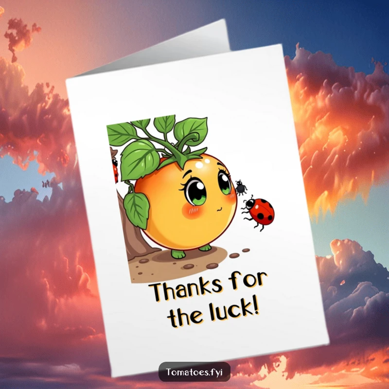 Funny Free Printable Thank You Card: Curious tomato character sniffing a ladybug with wide eyes, conveying thanks.