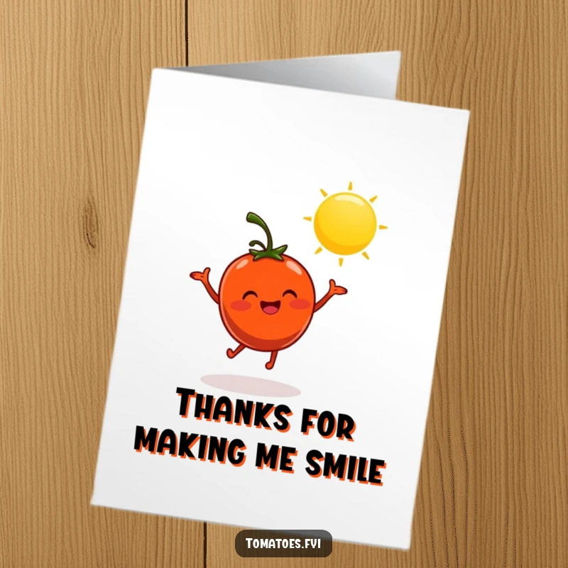 Funny Free Printable Thank You Card: A cheerful tomato character dances happily under a bright sun.