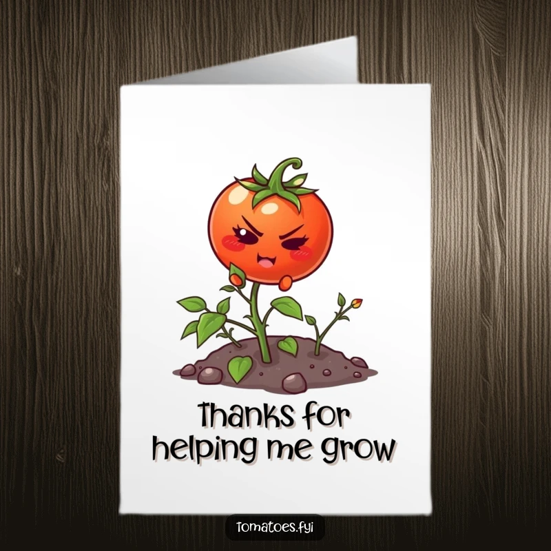 Funny Free Printable Thank You Card: A determined tomato character earnestly climbing a small weed, showing effort and a unique way to say thank you.