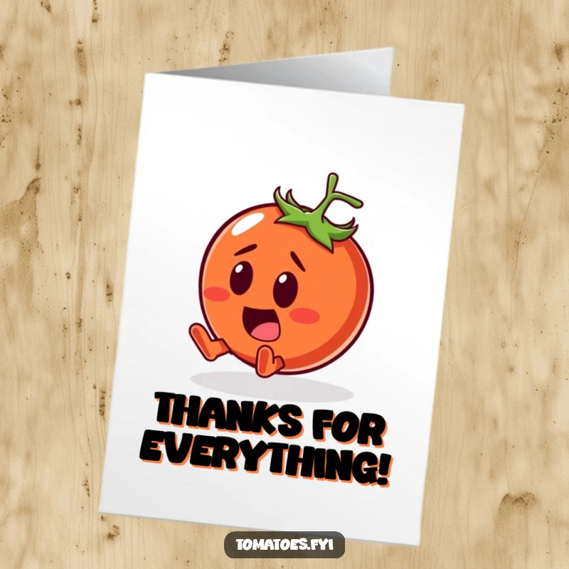 Funny Free Printable Thank You Card: A surprised tomato character comically tumbling with a smile, conveying thanks.