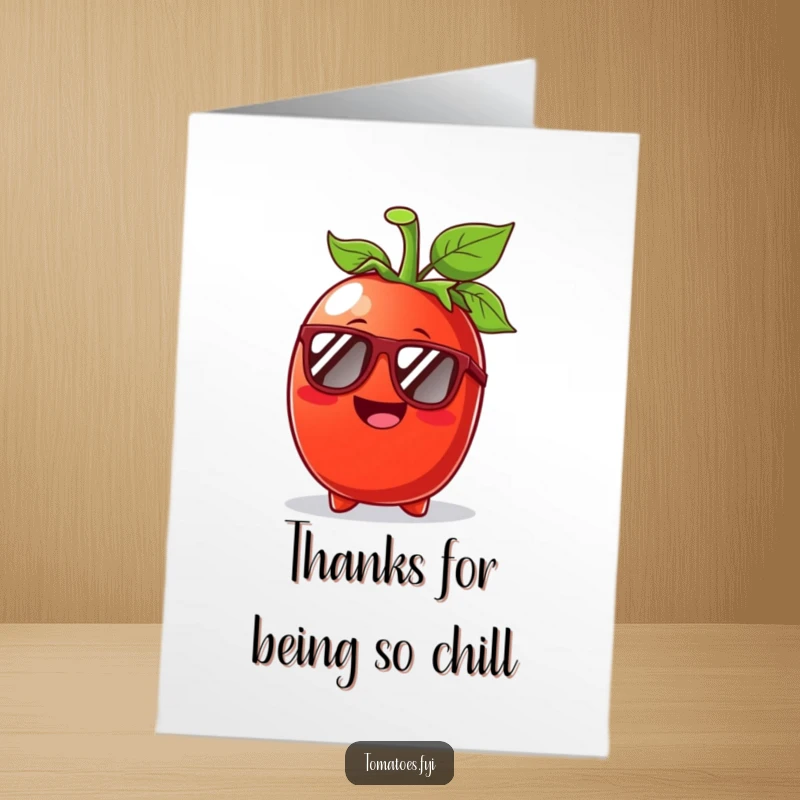 Funny Free Printable Thank You Card of a beaming tomato character wearing sunglasses, offering a cool and sunny thank you message.