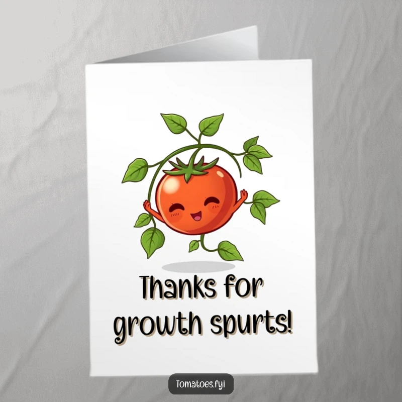 Funny Free Printable Thank You Card featuring a tomato plant character stretching its leaves, a green thank you for nurturing growth.