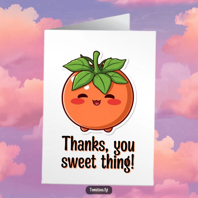 Funny Free Printable Thank You Card of a tomato character blushing deeply, offering a bashful thank you.