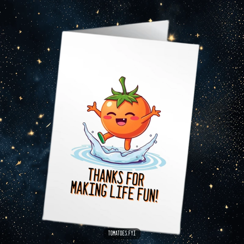 Funny Free Printable Thank You Card: A tomato happily splashes into water, conveying thanks creatively.