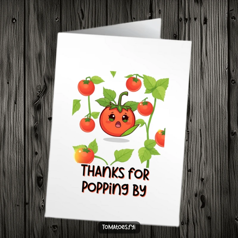 Funny Free Printable Thank You Card of a surprised tomato character peeking out from a leaf, delivering an unexpected thank you.