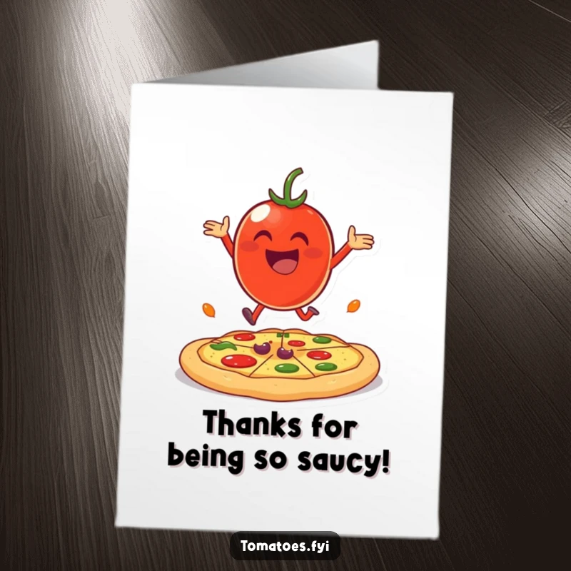 Funny Free Printable Thank You Card: A cheerful tomato character happily bouncing on a huge pizza crust, sending thanks.