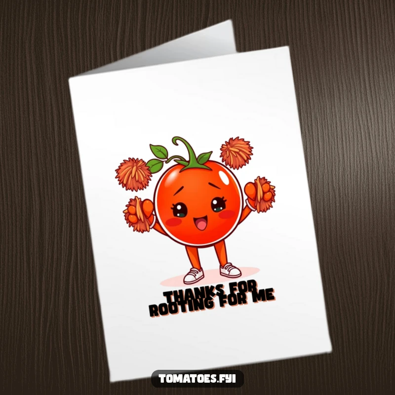 Funny Free Printable Thank You Card with a determined tomato sporting pom-poms, a unique downloadable gift.