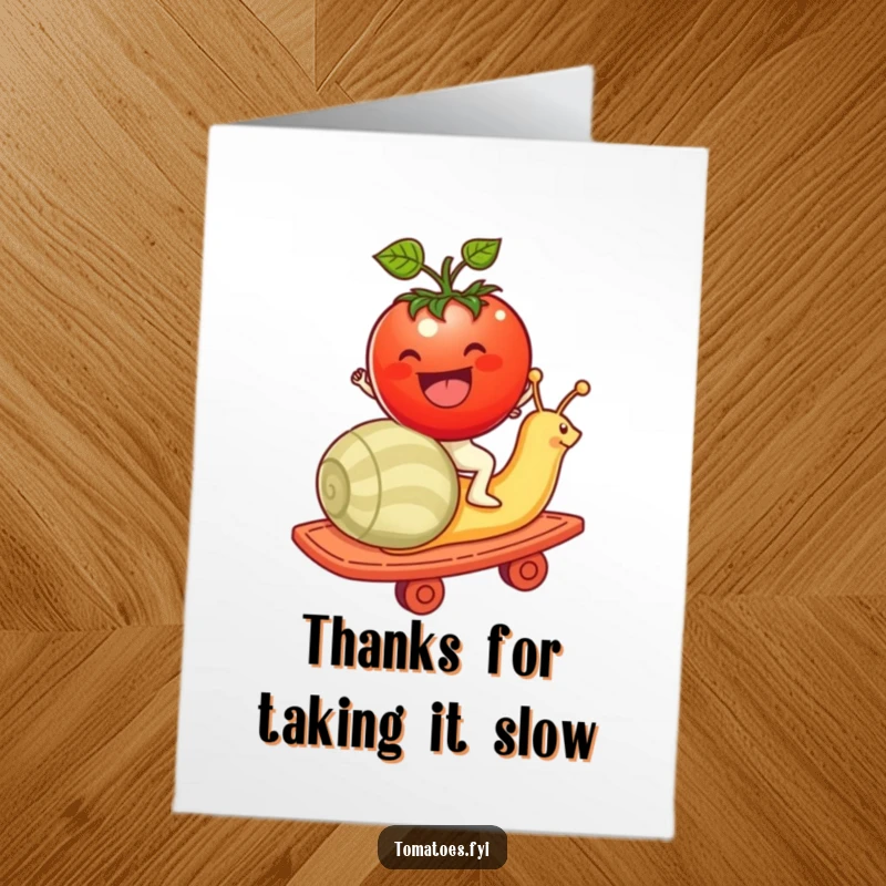 Funny Free Printable Thank You Card: Tomato character enthusiastically riding a snail rollercoaster, expressing thanks for a memorable journey.