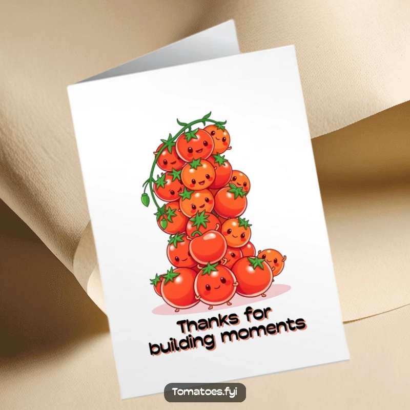 Funny Free Printable Thank You Card: A cluster of tomato characters trying to build a cherry tomato tower, expressing thanks for teamwork.
