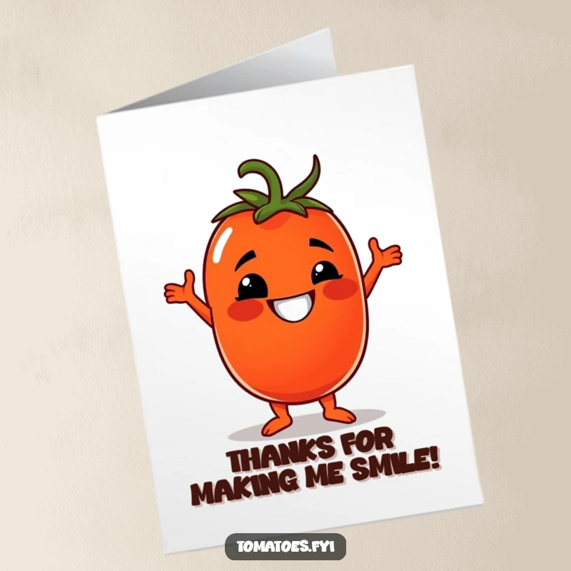 Funny Free Printable tomato thank you card, a grinning tomato character doing a silly disco dance move.