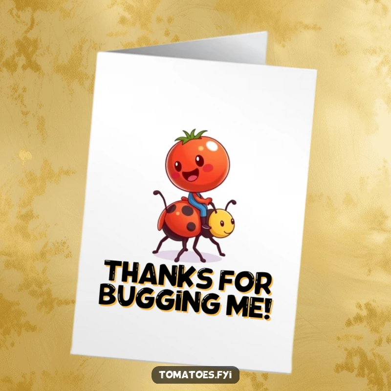 Funny Free Printable Thank You Card: Tomato comically riding a ladybug, a unique way to say thanks with humor.