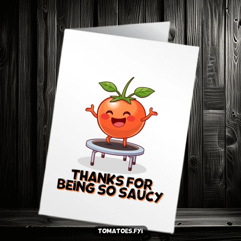 Funny Free Printable Thank You Card: A happy tomato character comically bouncing on a small trampoline, sending thanks.