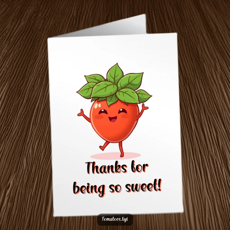 Funny Free Printable Thank You Card: A cheerful tomato wearing a leaf hat, dancing with gratitude, ready to be downloaded.