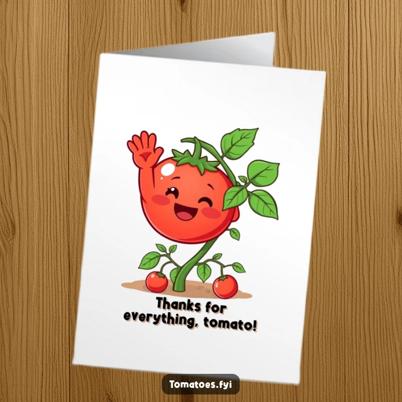 Funny Free Printable Thank You Card: A happy tomato character waving from a vine, a delightful DIY greeting.