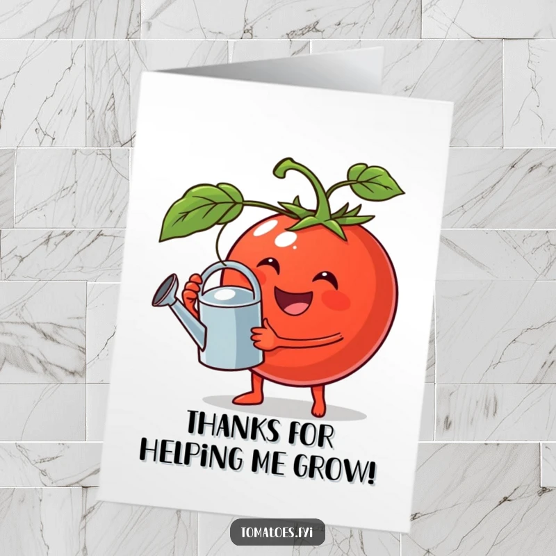 Funny Free Printable Thank You Card: A happy, round tomato holds a miniature watering can, pouring imaginary drops with a cheerful look.