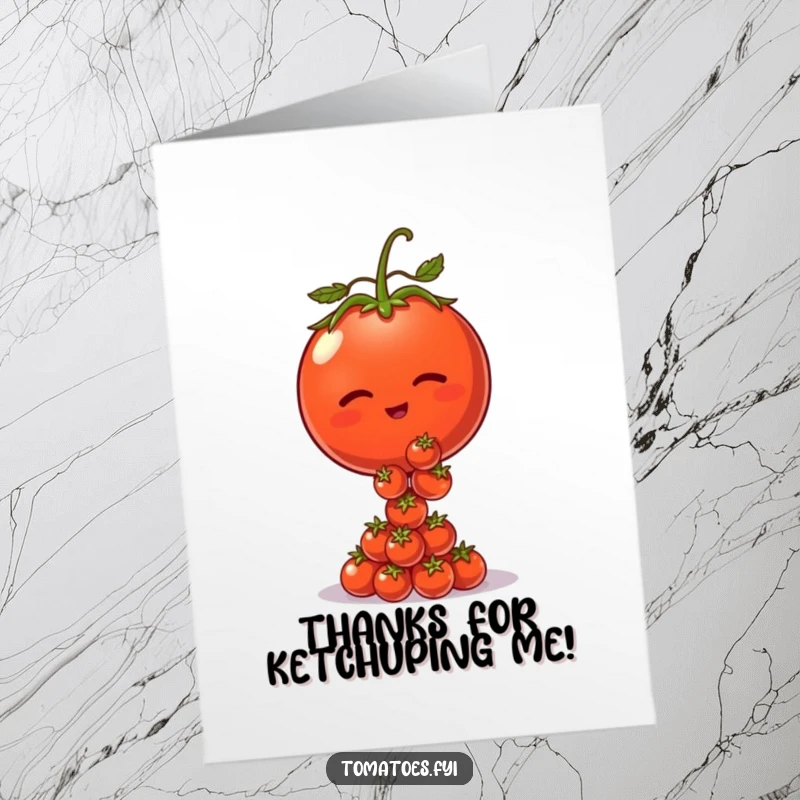 Funny Free Printable tomato thank you card, a winking tomato character balancing a stack of tiny tomatoes.