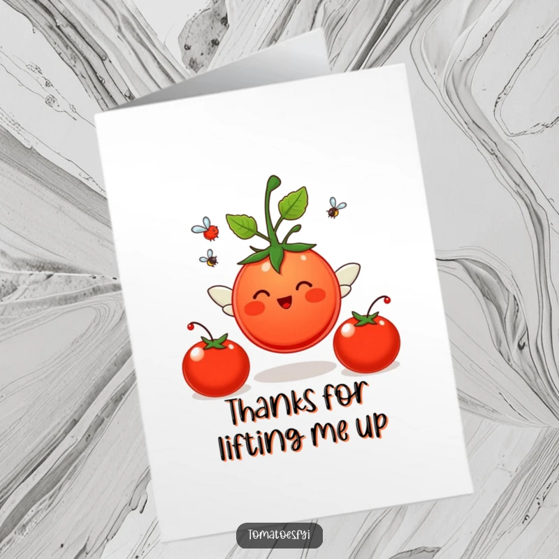 Funny Free Printable Thank You Card of a cheerful tomato character sprouting small wings and flying.