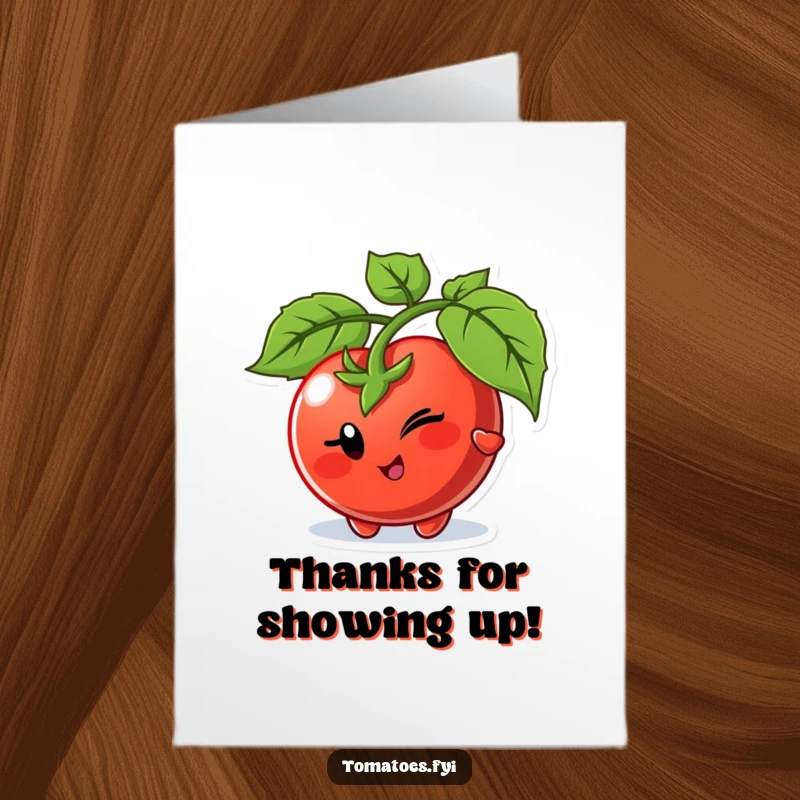 Funny Free Printable Thank You Card: Winking tomato character playfully peeking from behind a leaf, a delightful DIY gift idea.
