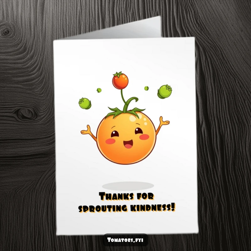 Funny free printable thank you card: a jubilant tomato character skillfully juggling green sprouts to express thanks.