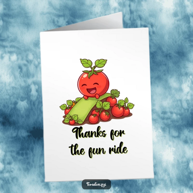 Funny Free Printable Thank You Card: Tomato sliding down a slippery vegetable patch with a huge laugh, spreading thanks.