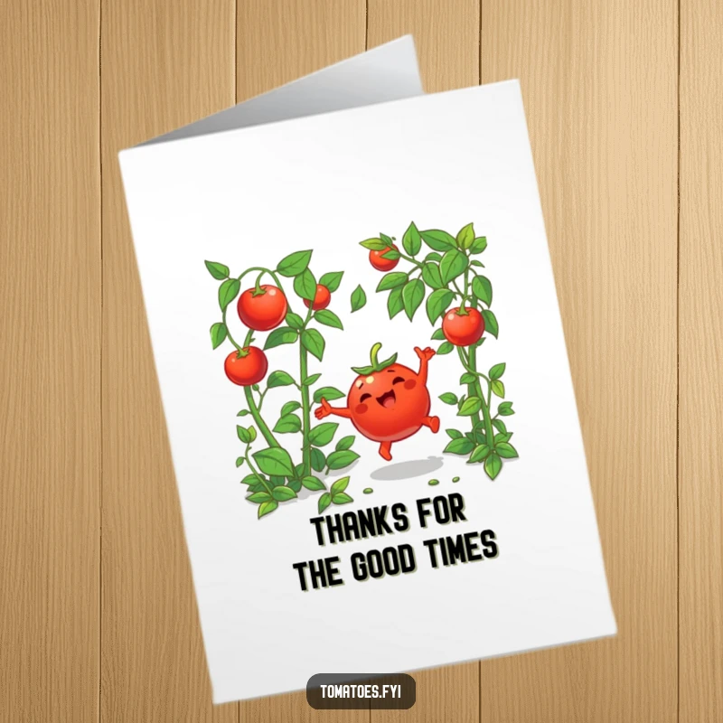 Funny Free Printable Thank You Card: A happy tomato character doing a cartwheel enthusiastically amongst greenery, expressing thanks with joyful motion.