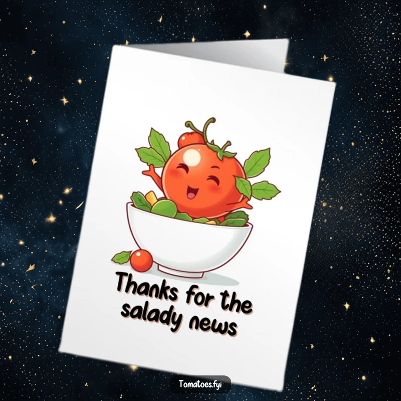 Funny Free Printable Thank You Card: Winking tomato character executes a fun dive into a bowl of salad.