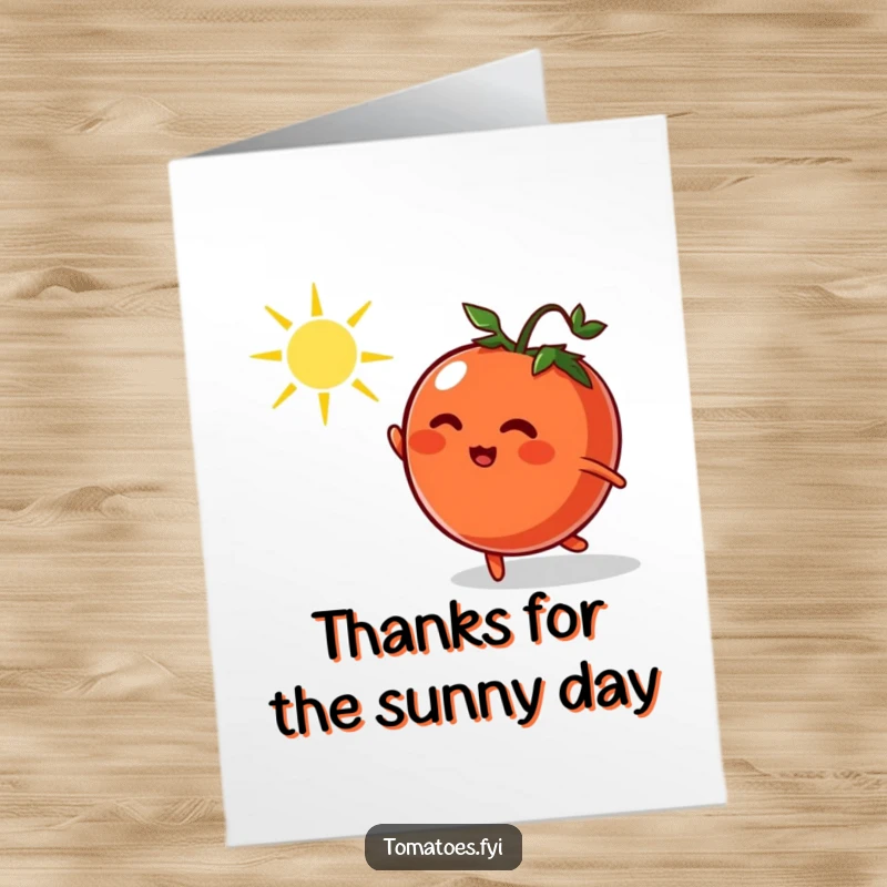 Funny Free Printable Thank You Card: A playful tomato character energetically chasing a dancing sunbeam in a gesture of heartfelt appreciation and joy.