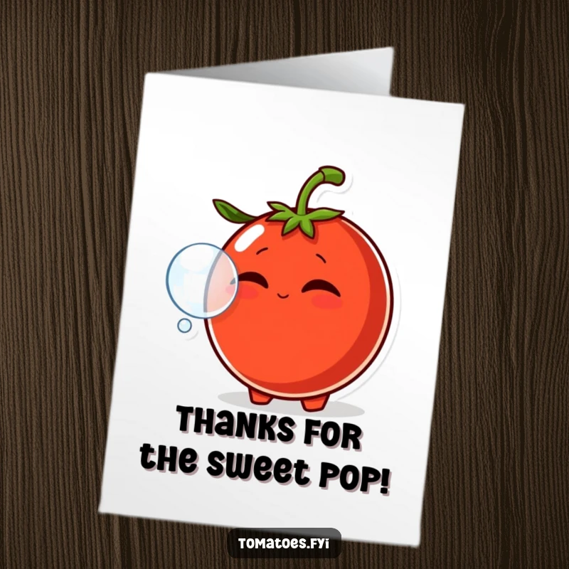 Funny Free Printable Thank You Card: A smirking tomato character blowing a bubble, a quirky way to express thanks with humor.