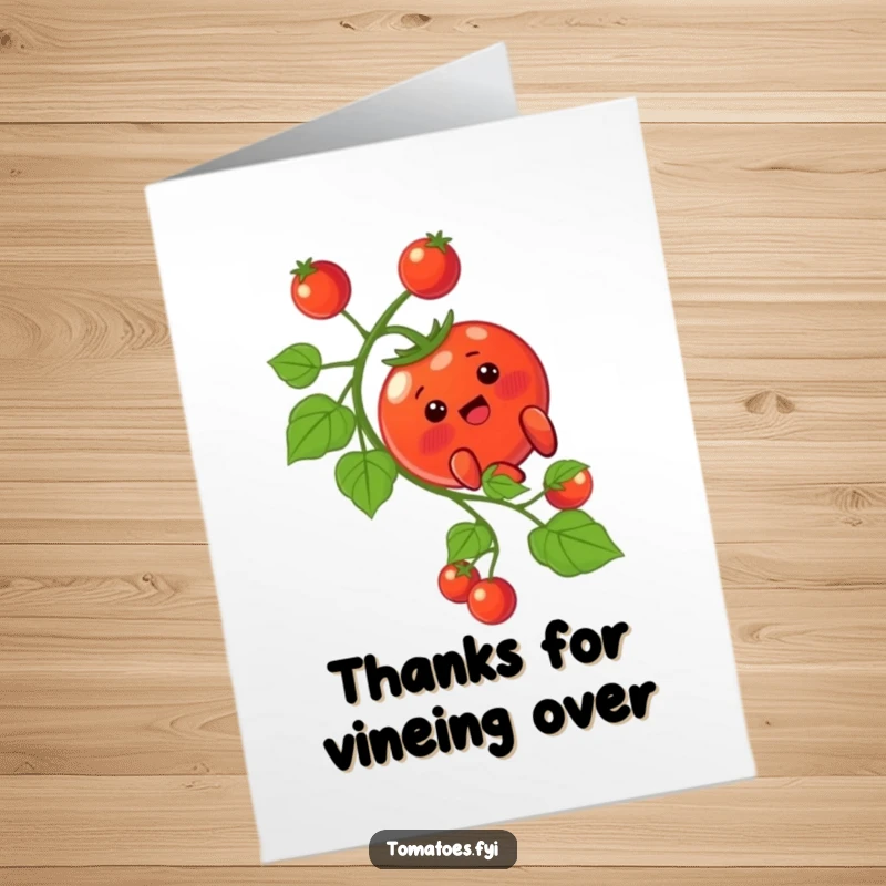 Funny Free Printable Thank You Card depicting a blushing tomato character making a comical slide down a vine.