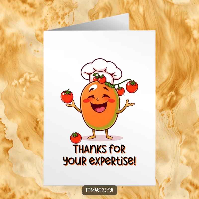 Funny Free Printable Thank You Card featuring a laughing tomato chef juggling cherry tomatoes, a playful way to say thanks.